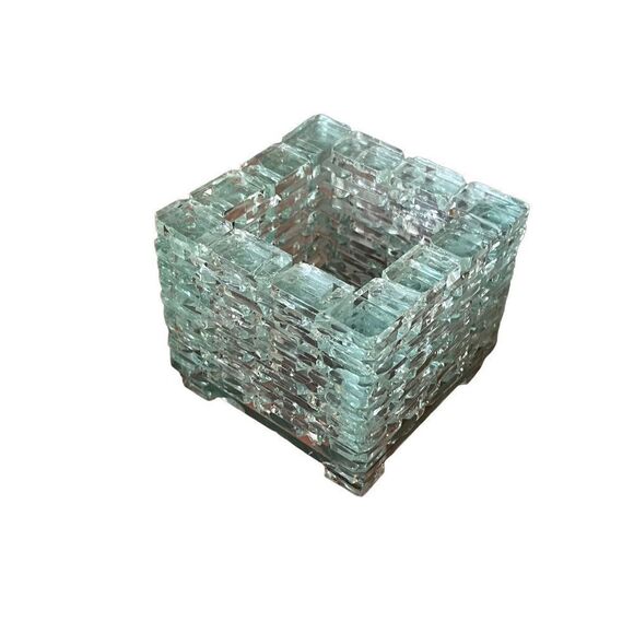 Vintage Square Votive Heavy Green Tint Crystal Tealight Candle Holder - Picture 1 of 6